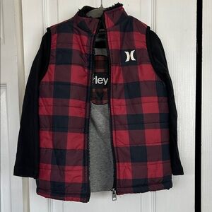 Hurley Red and Black Plaid Quilted Vest and matching long sleeve